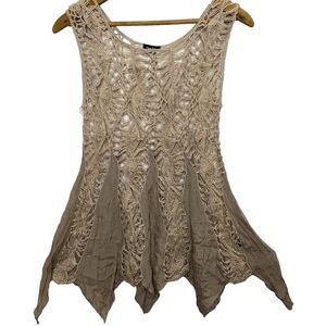 RUE 21 Tunic Sleeveless Crochet Knit Asymmetrical Hem Blouse Boho Womens S Beige